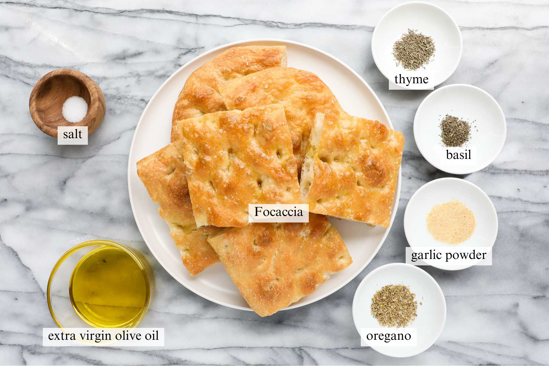 The ingredients needed to make focaccia croutons.