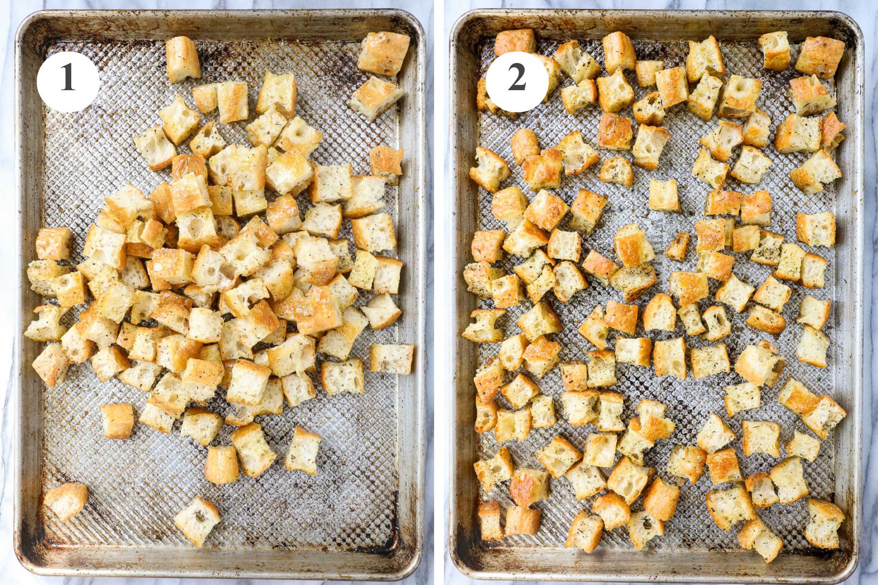 The focaccia croutons on a baking sheet tossed with olive oil and Italian spices before and after baking in the oven.