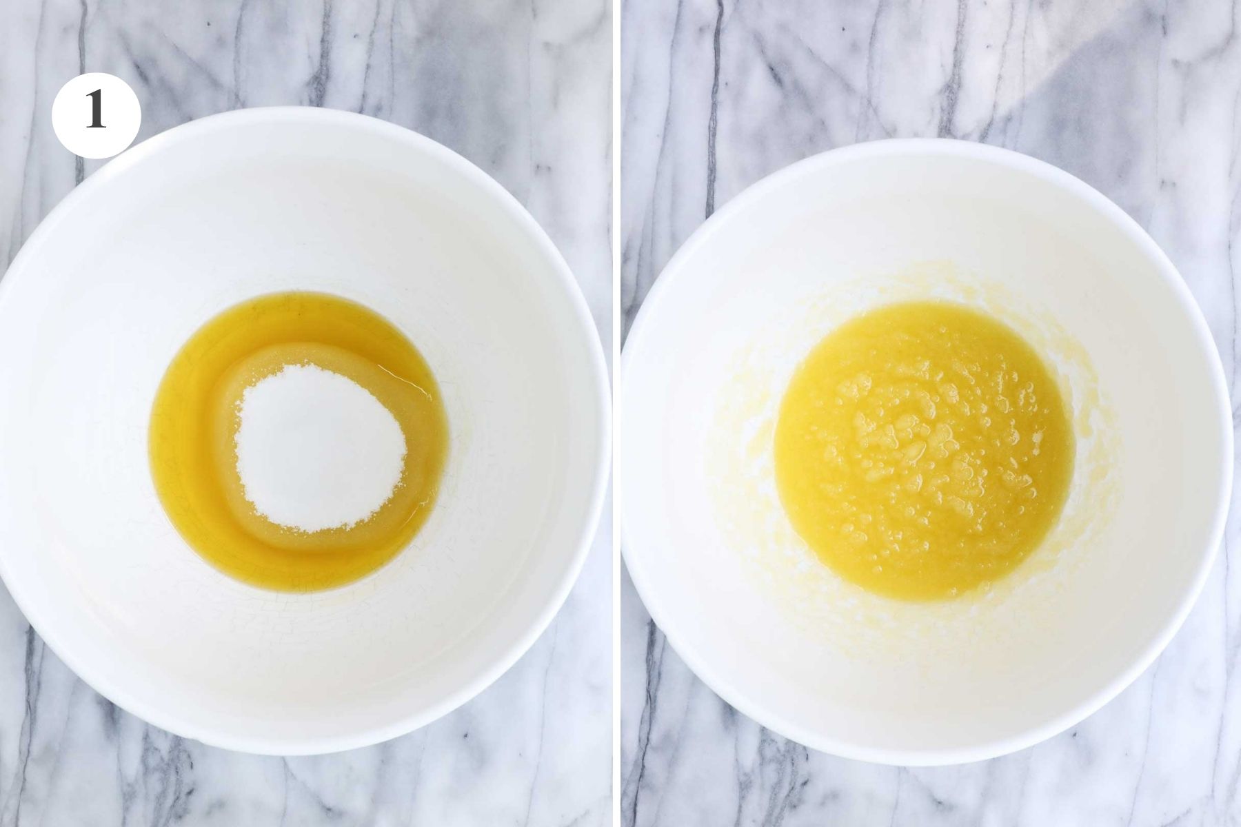 A large white mixing bowl with extra virgin olive oil and granulated sugar before and after being combined.