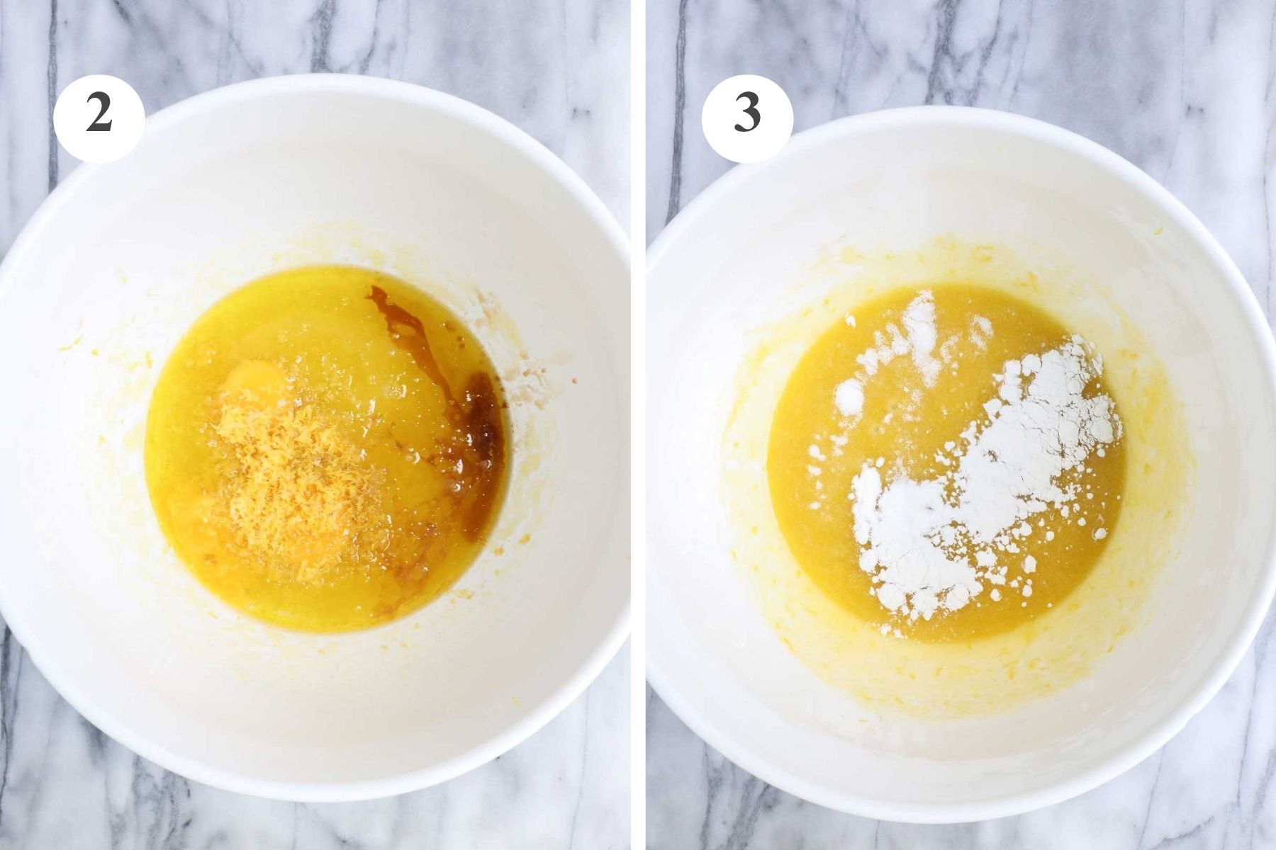 The bowl with the remaining wet ingredients added including eggs and vanilla extract along with lemon zest and the cookie dough after adding baking powder, baking soda, and salt.