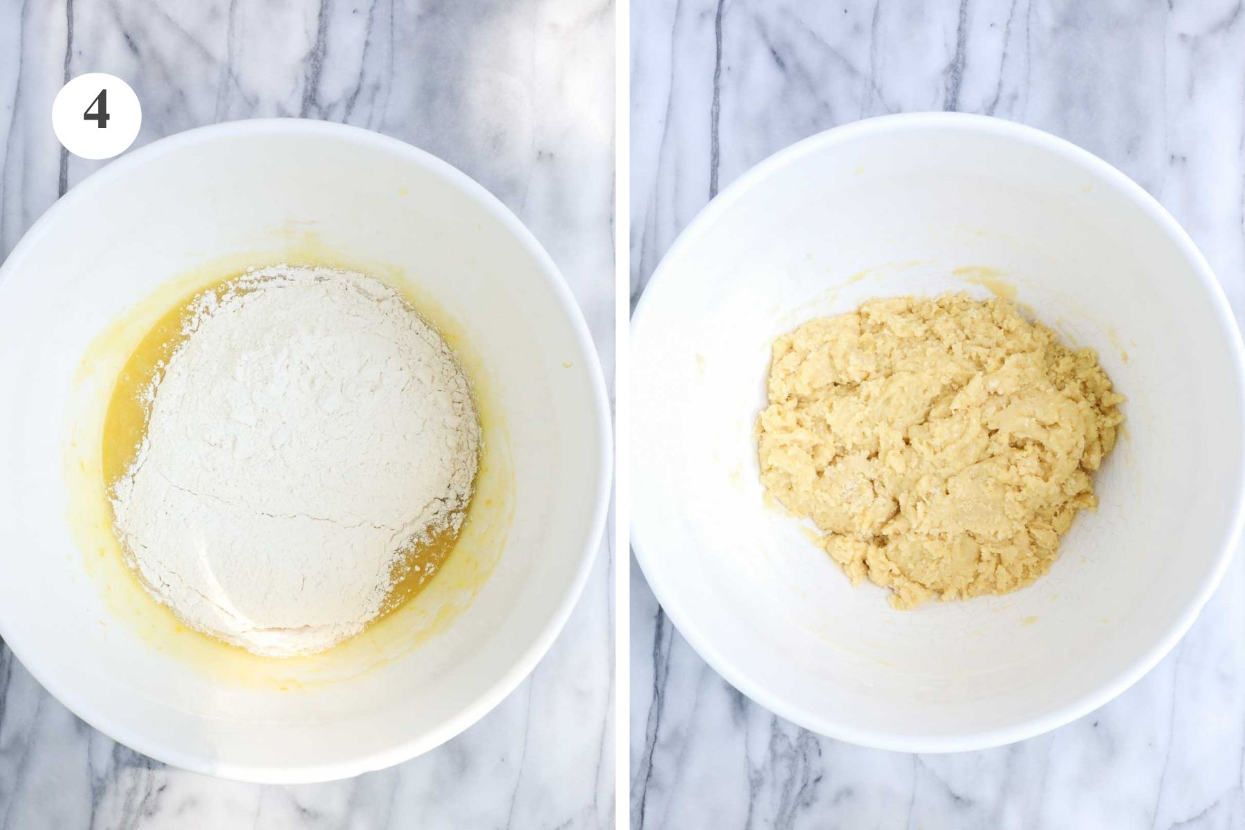 The Lemon Olive Oil Cookie dough before and after incorporating all-purpose flour.