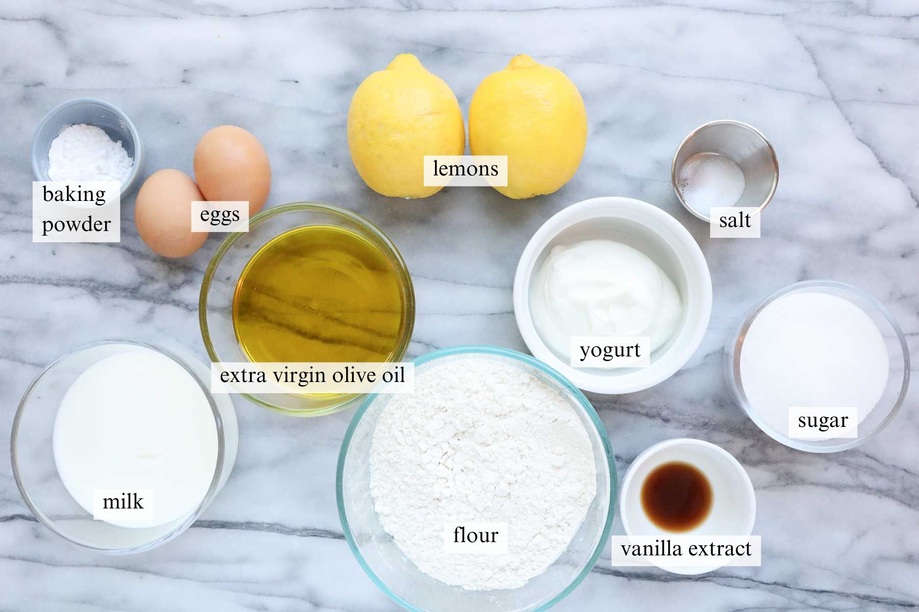 The ingredients needed to make Lemon Olive Oil Loaf.