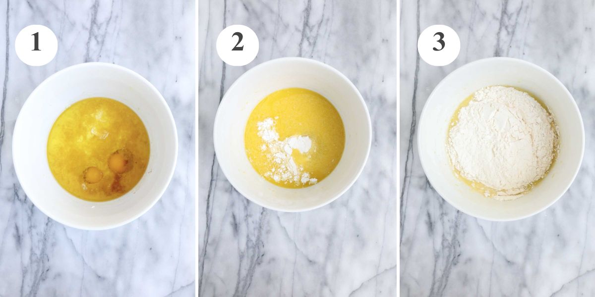 A large mixing bowl with the wet ingredients, the bowl with the sugar, baking powder, and salt added, and the bowl with the flour added.