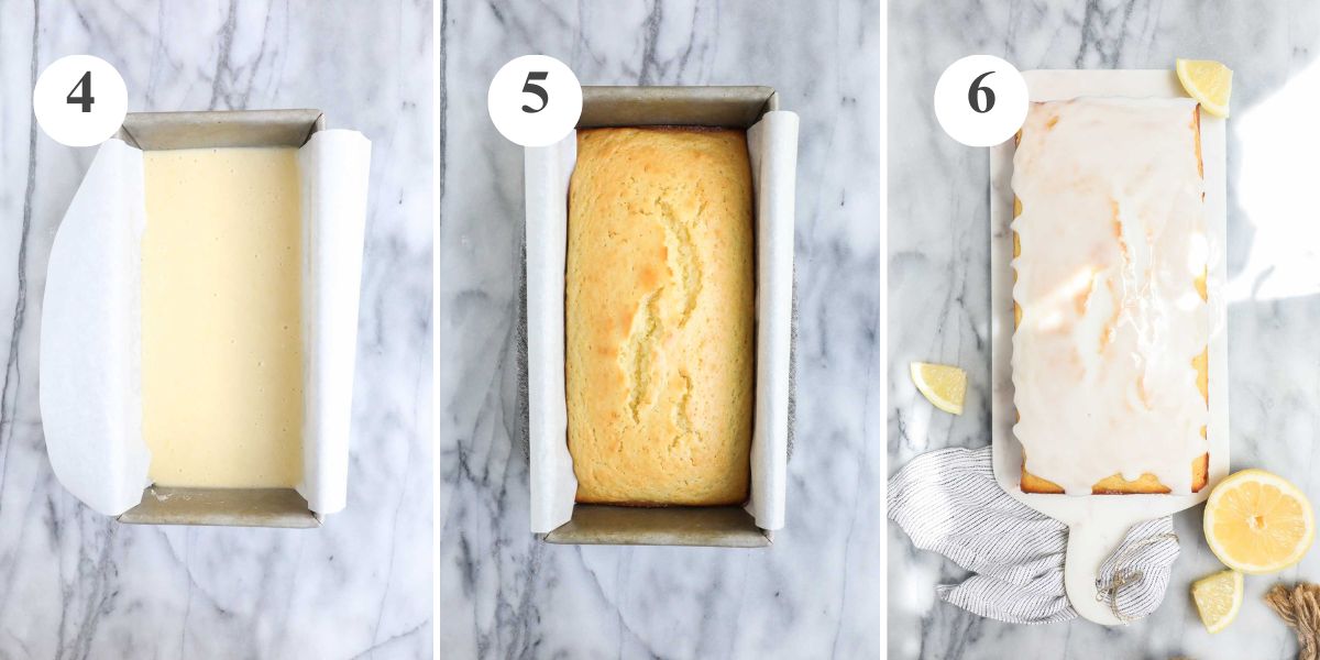 The Lemon Olive Oil Loaf batter poured into a loaf pan, after it has baked, and after it has been glazed.