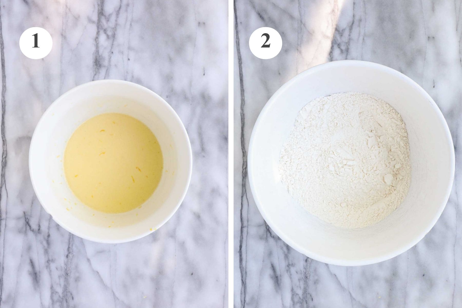 A medium bowl with wet ingredients and a large bowl with the dry ingredients.