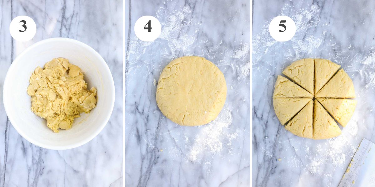 The combined Olive Oil Scone dough in a bowl, pressed into a disc, and cut into 8 slices.