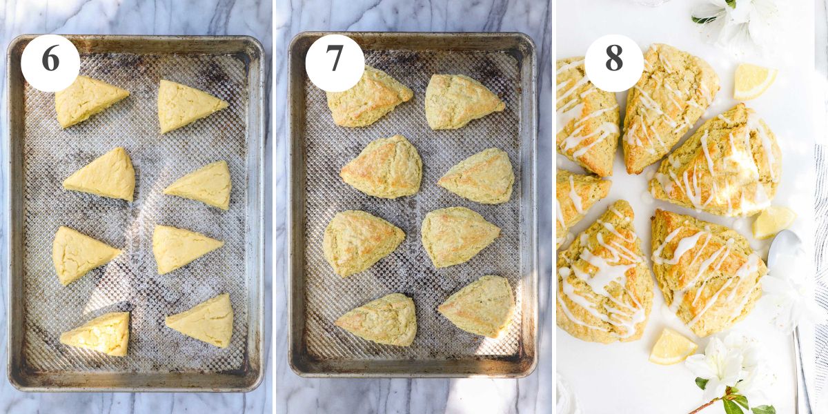 The Olive Oil Scones on a baking sheet before and after baking and the scones drizzled with lemon glaze on a light background decorated with lemons and white flowers.