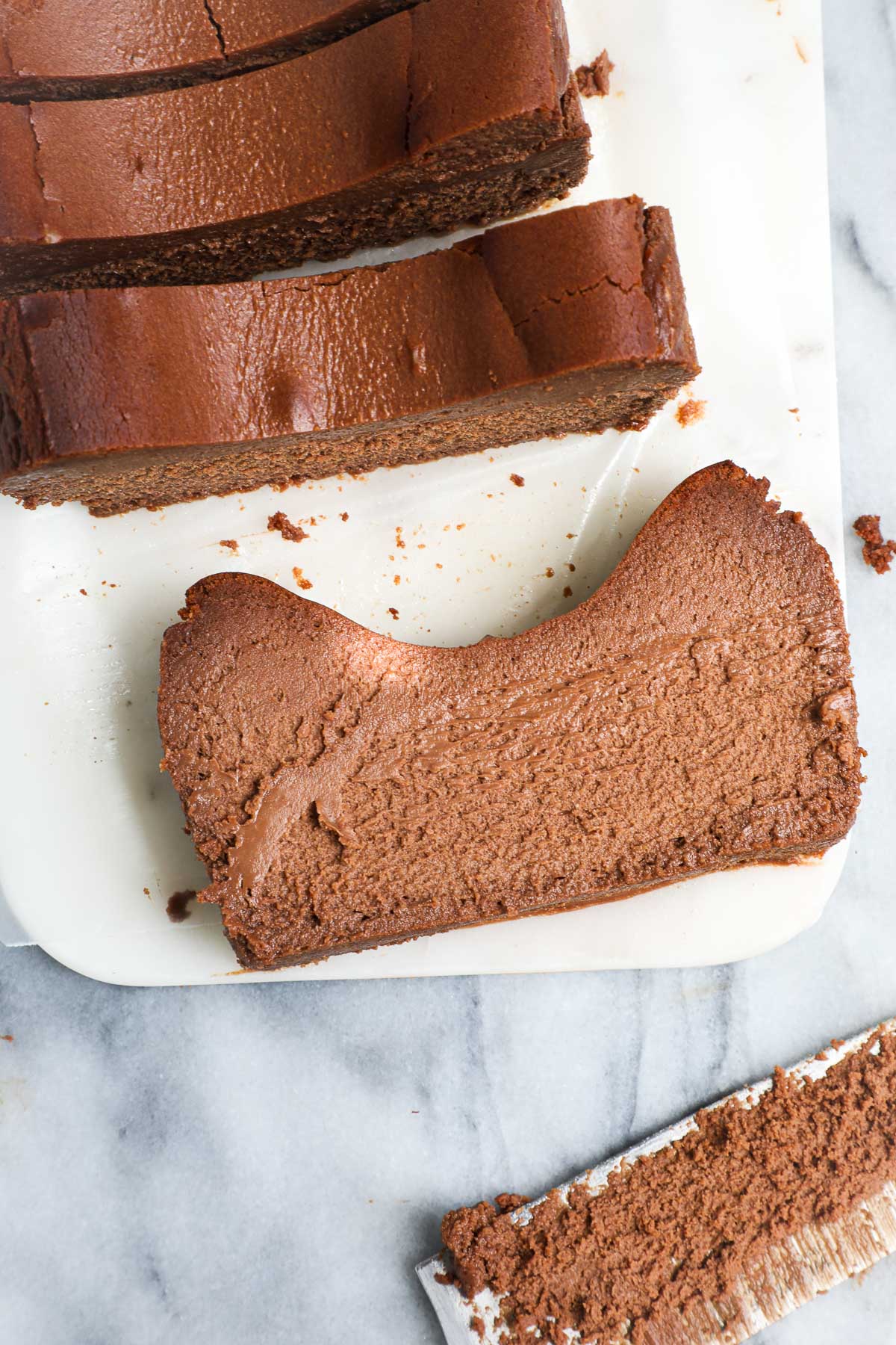 Several thick slices of the Chocolate Loaf Basque Cheesecake.