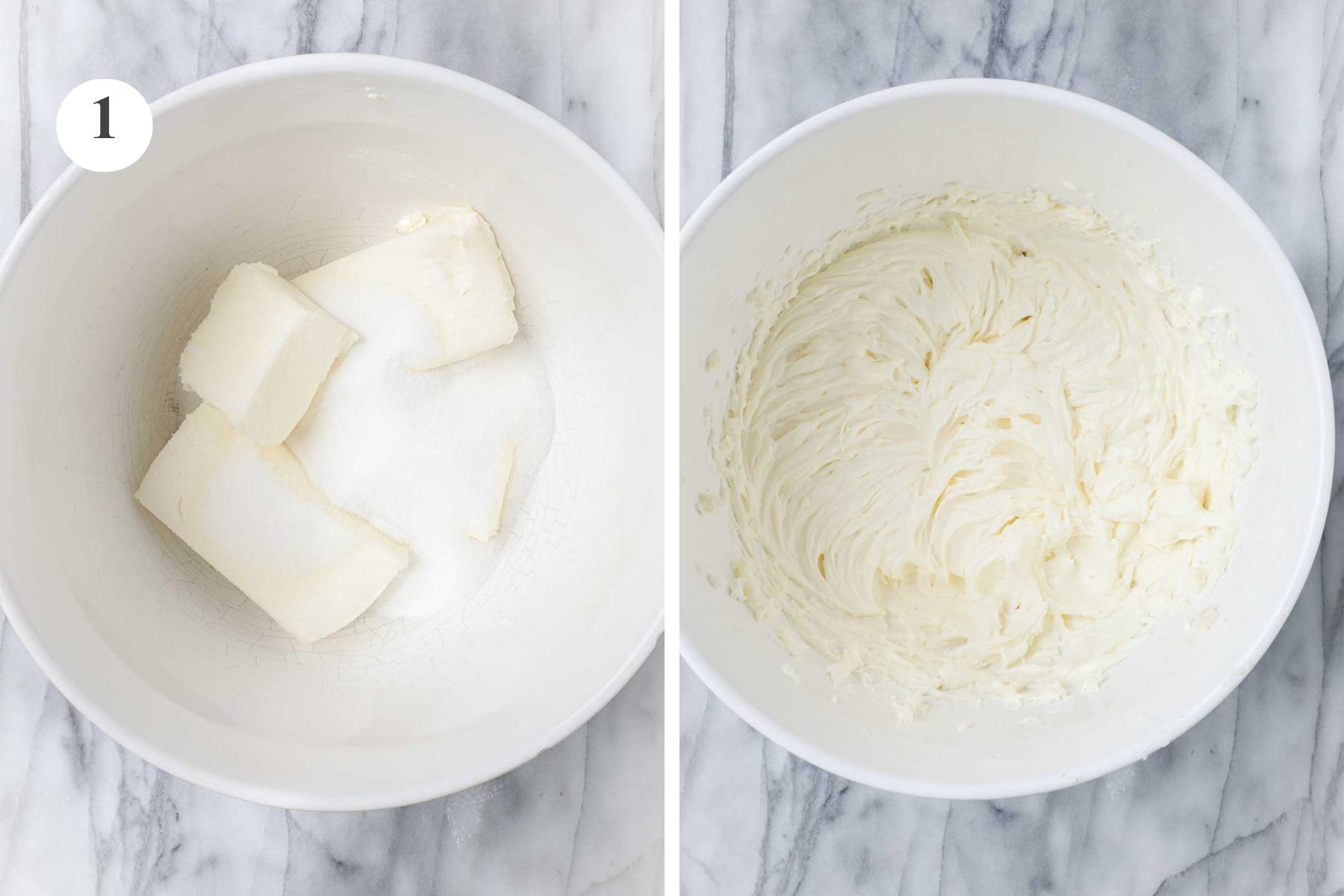 A large mixing bowl with the cream cheese and sugar before and after being combined.