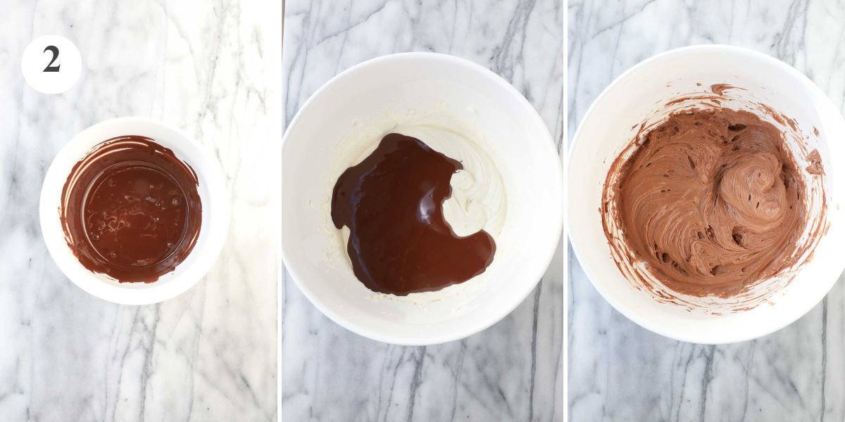 Melted bittersweet chocolate in a bowl and in two stages when being combined with the cream cheese mixture.