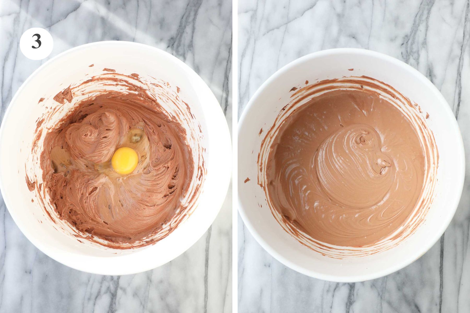 Adding eggs to the chocolate cheesecake batter.