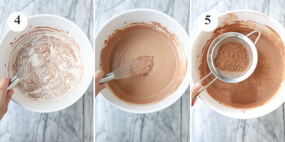 Adding heavy cream to the batter and sifting cocoa powder into the batter.