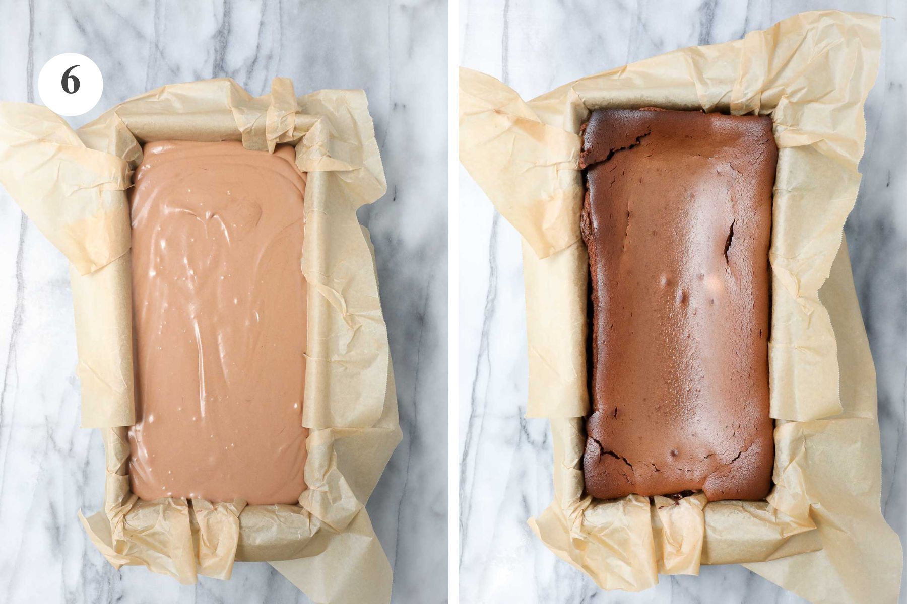 The chocolate cheesecake batter poured into the parchment lined loaf pan and the fully baked finished Chocolate Loaf Basque Cheesecake with deep dark brown edges and a softer lighter milky brown center.