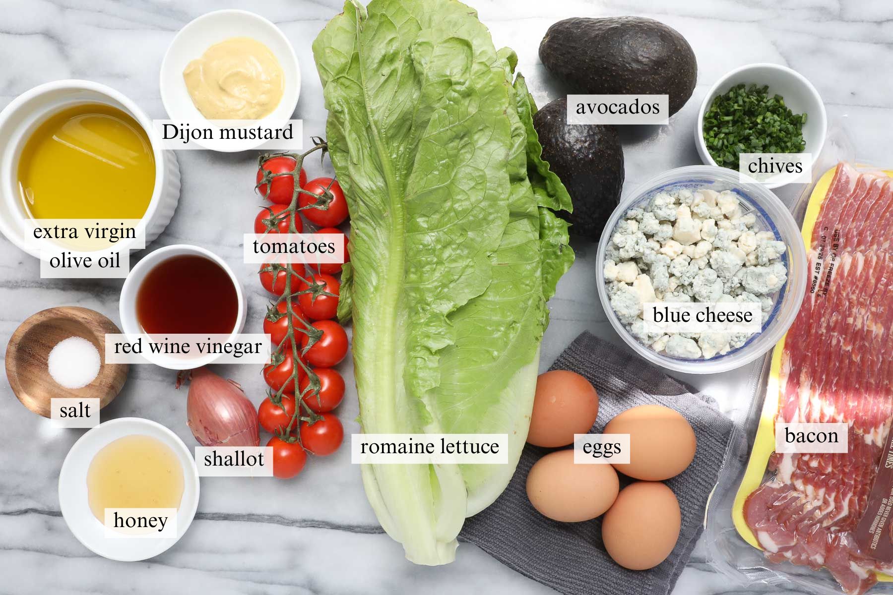 The ingredients needed to make the dressing and salad in this Cobb Salad with Crispy Chicken.