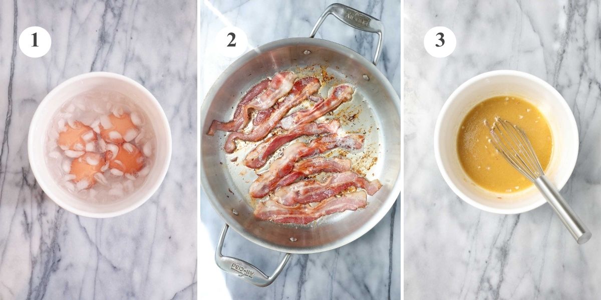 Hard boiled eggs plunged into ice water, crispy bacon in a pan, and the Cobb salad dressing in a bowl with a whisk.