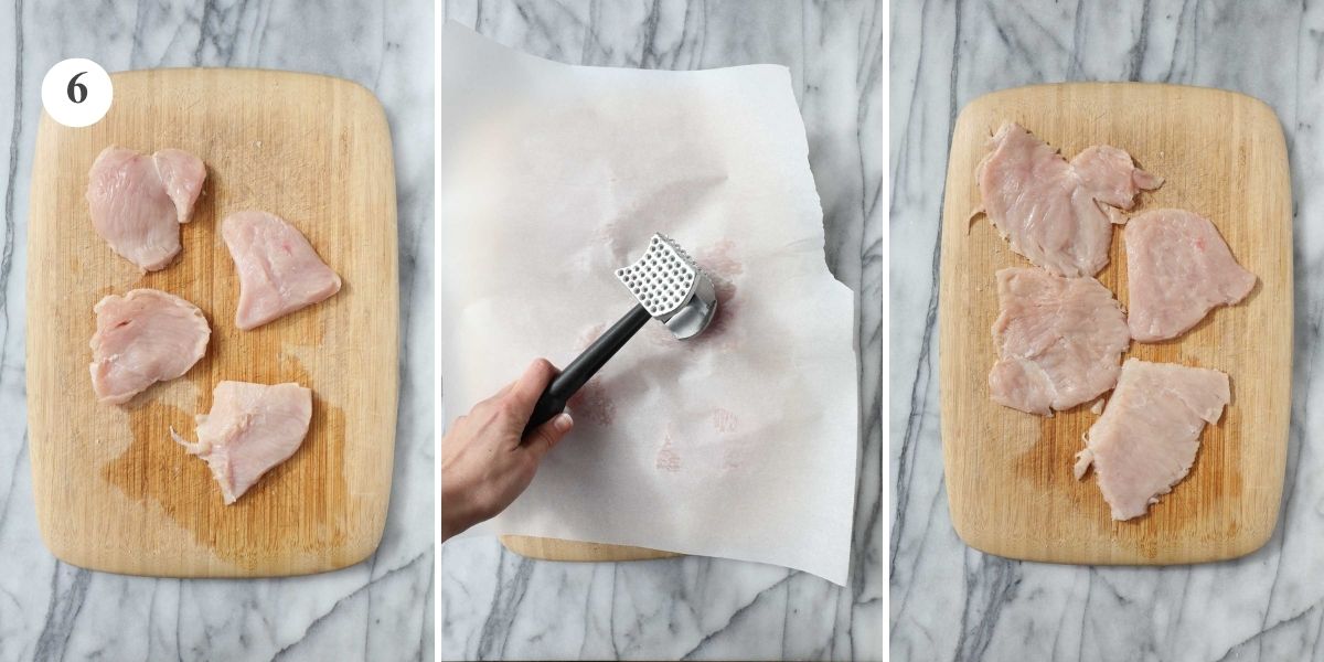 The chicken cut into 4 smaller cutlets and pounded thin with a meat hammer.
