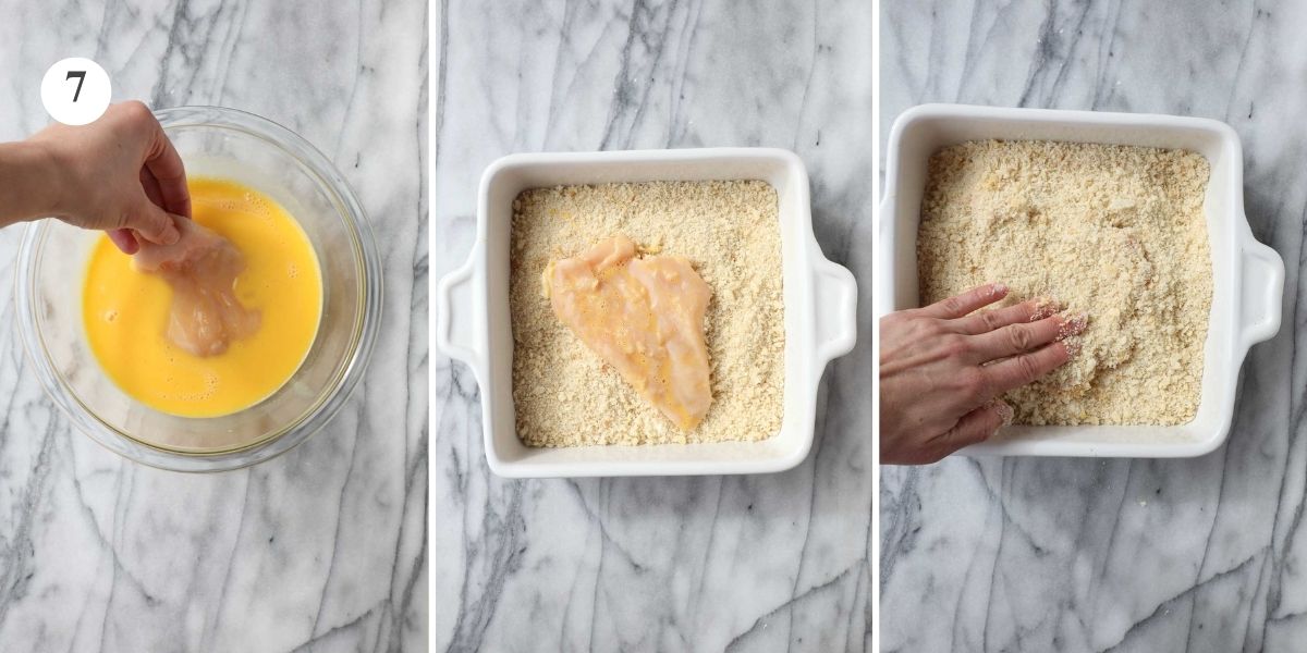 The chicken being dipped in egg and coated in panko and parmesan cheese.