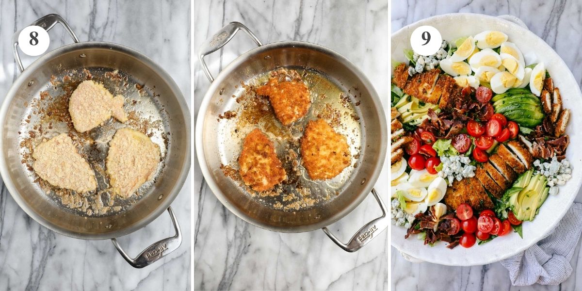The chicken getting crispy on both sides in a sauté pan and the fully assembled Cobb Salad with the crispy chicken layered on top in rows.