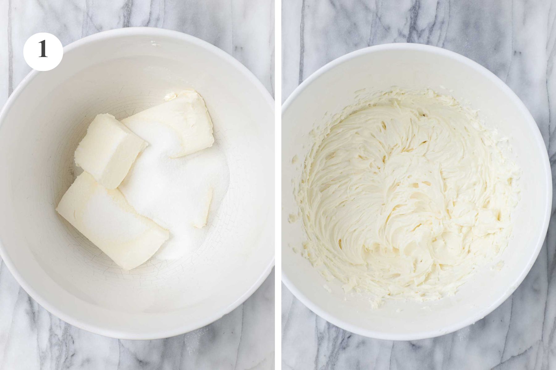 A large mixing bowl with cream cheese and sugar before and after being combined.