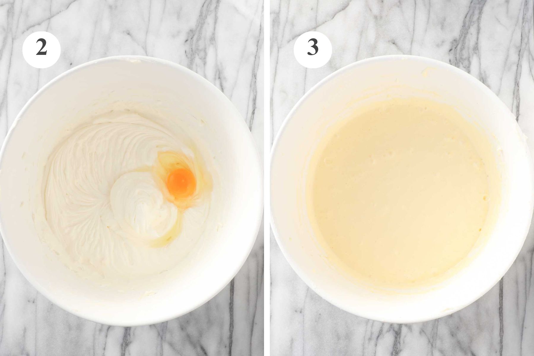 The bowl with an egg added and the bowl after the heavy cream and vanilla extract have been added.