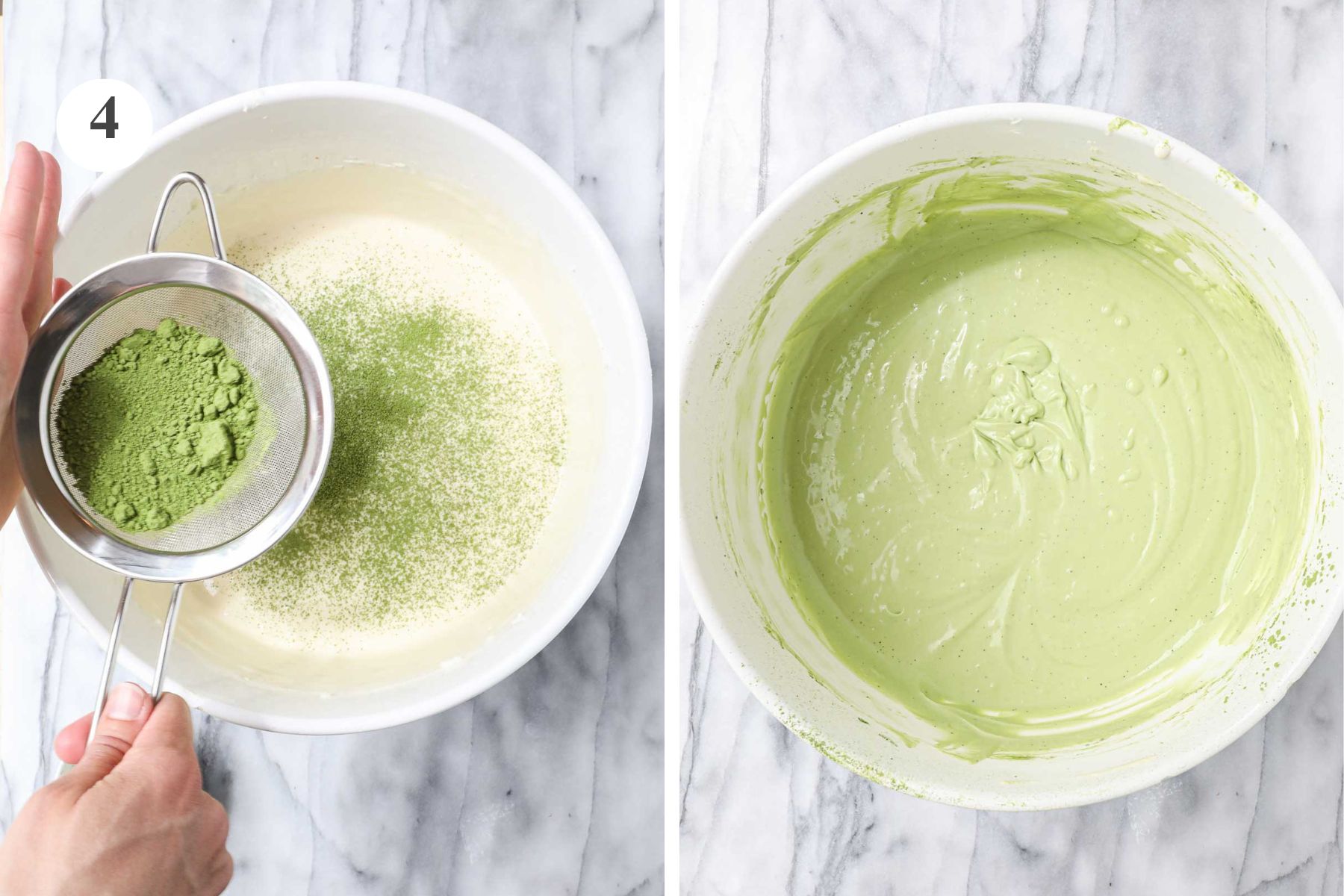 The bowl with the cheesecake batter and a fine mesh strainer sifting the matcha powder into the batter.