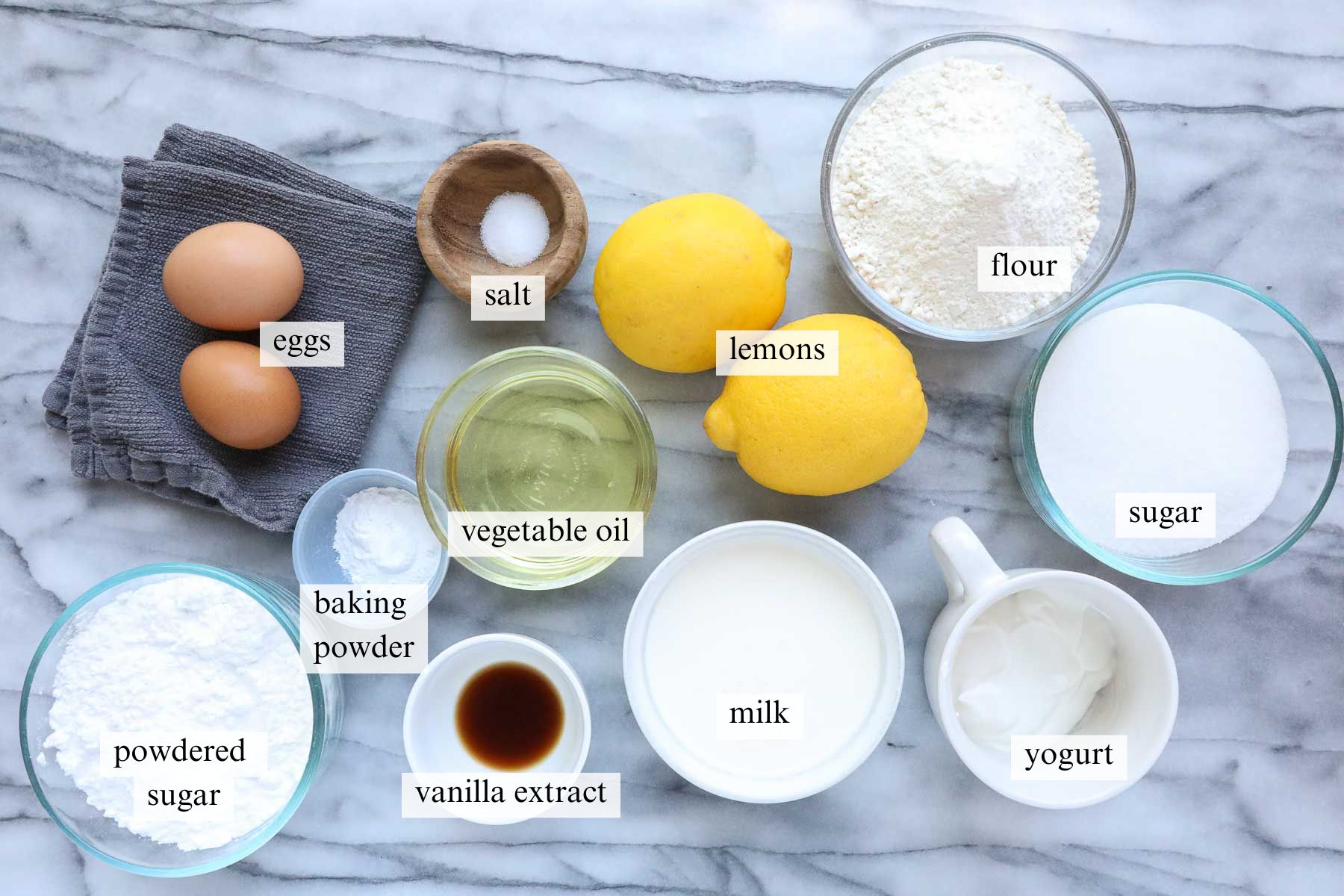 The ingredients needed to make Old Fashioned Lemon Pound Cake including the lemon glaze.