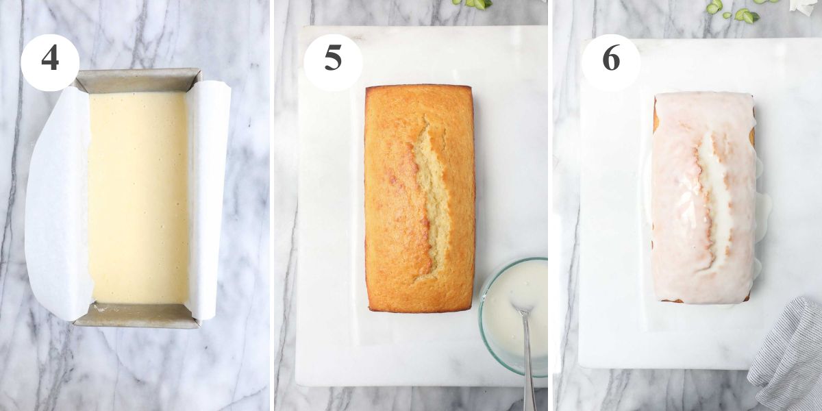The batter for the Old Fashioned Lemon Pound Cake poured into a loaf pan, the cake after it has been baked, and the cake after it has been glazed with lemon glaze.