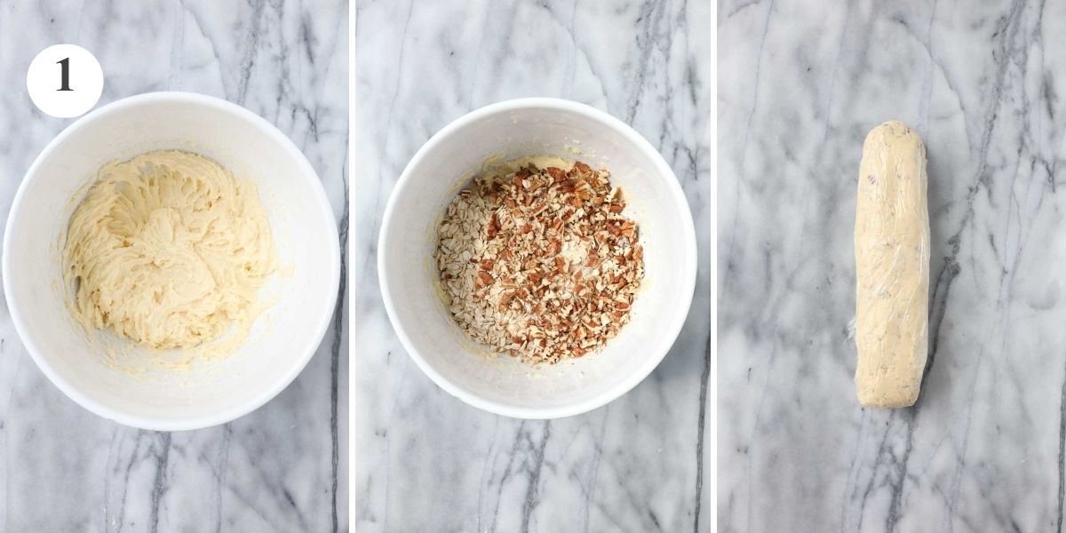 Three steps in the process of making the cake like topping for the nectarine cobbler.