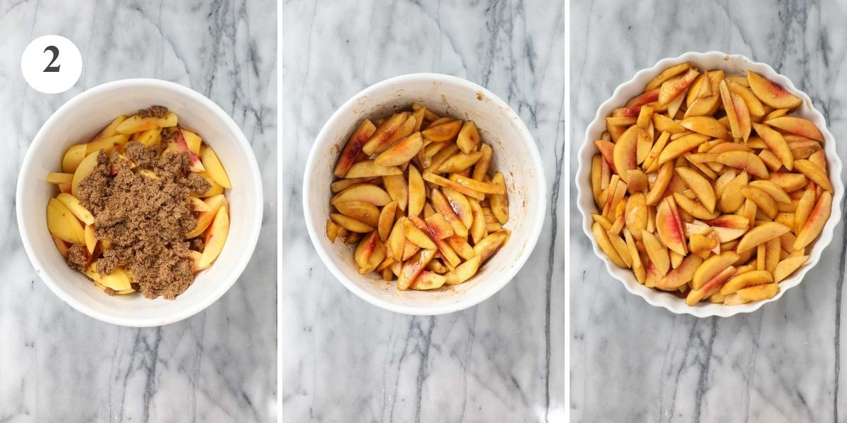 Three steps in making the filling for the nectarine cobbler with the peeled and sliced nectarines and brown sugar.