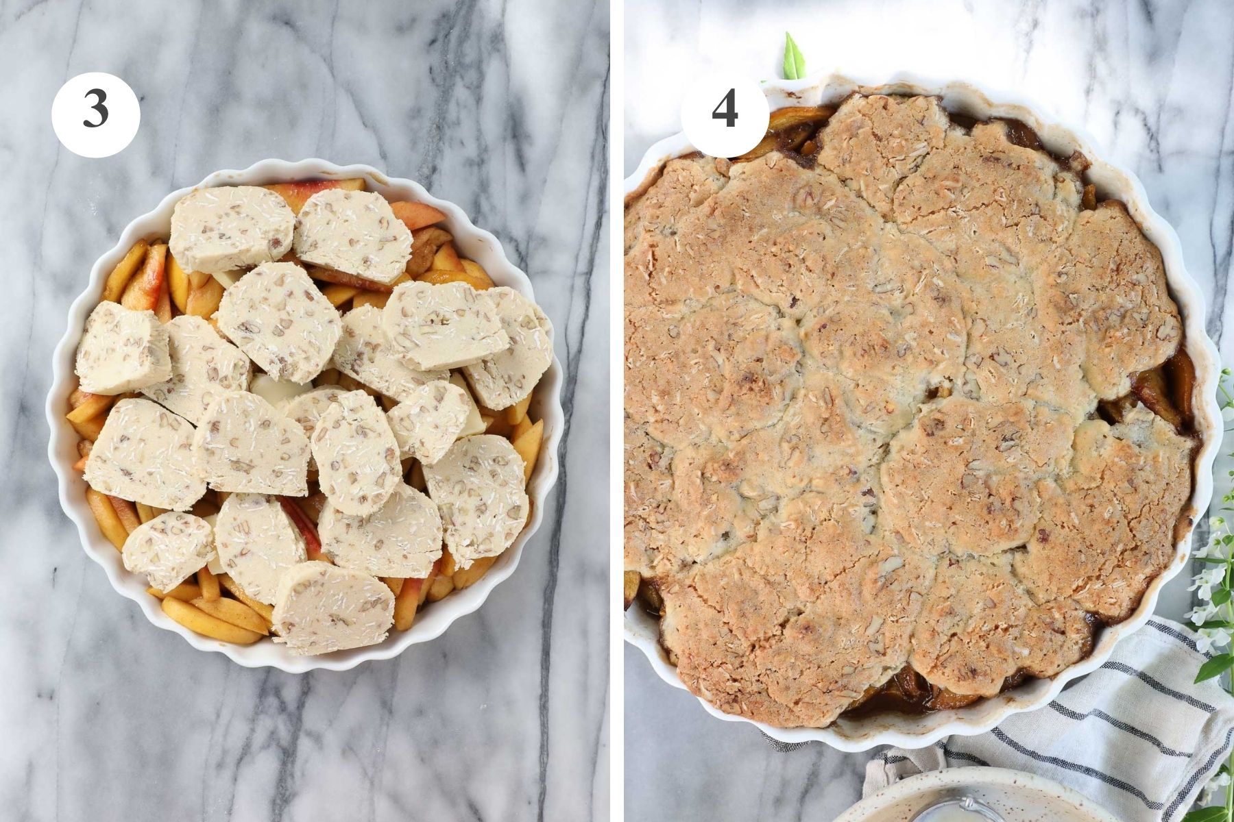 The nectarine cobbler before and after being baked in the oven with a brown and golden cake topping after.