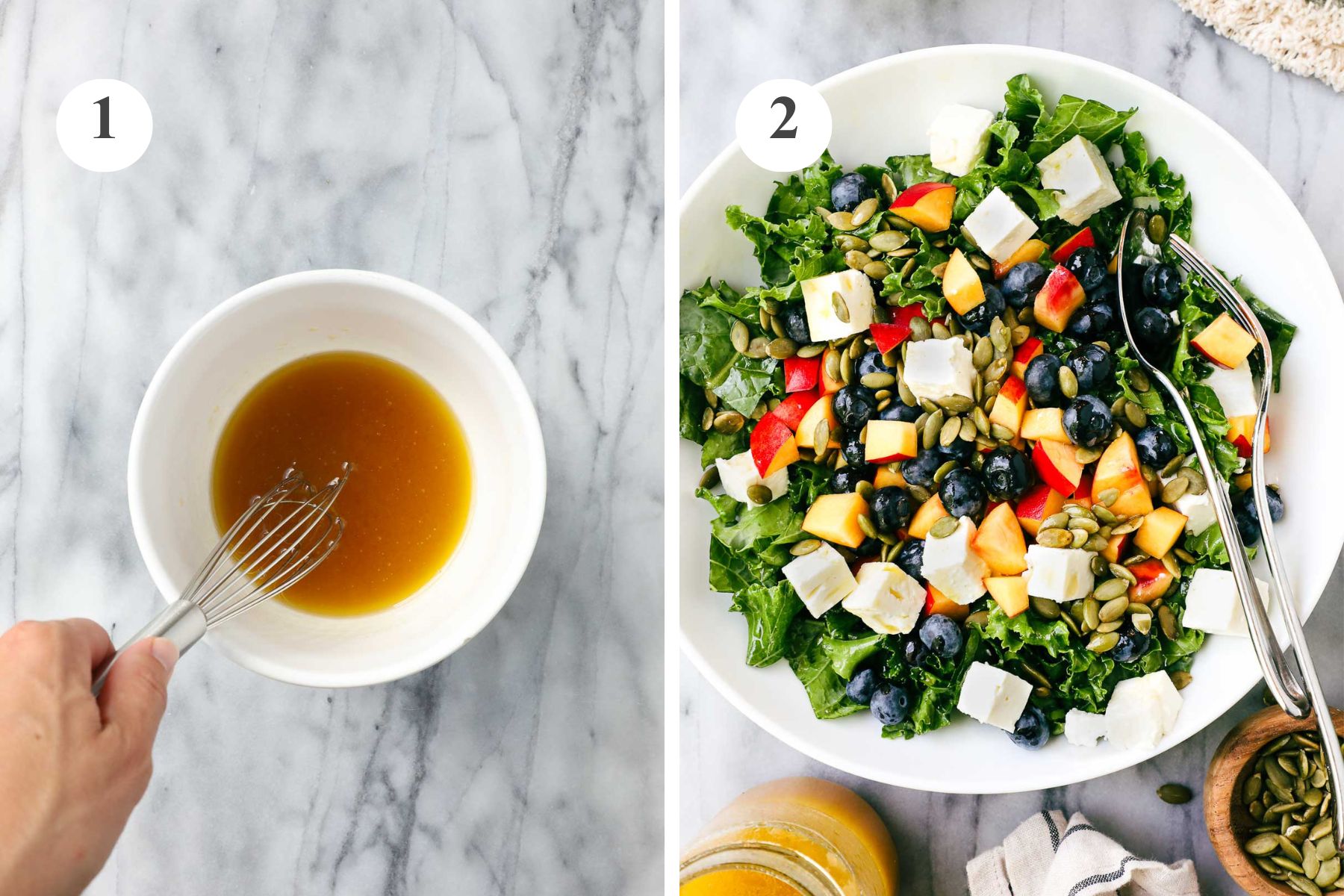 A bowl of tangerine vinaigrette and the fully assembled salad.