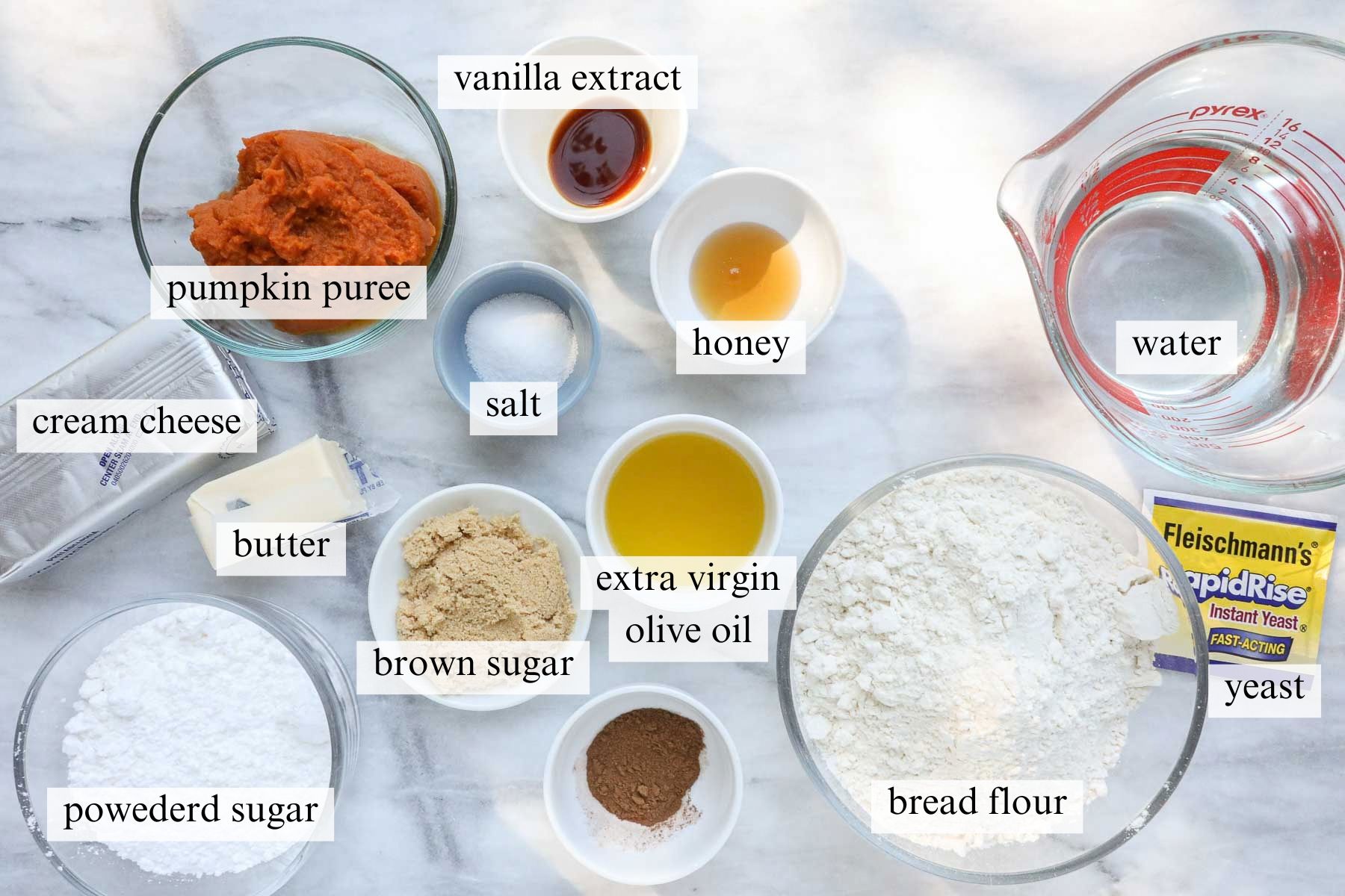 The ingredients needed to make Sweet Pumpkin Focaccia.