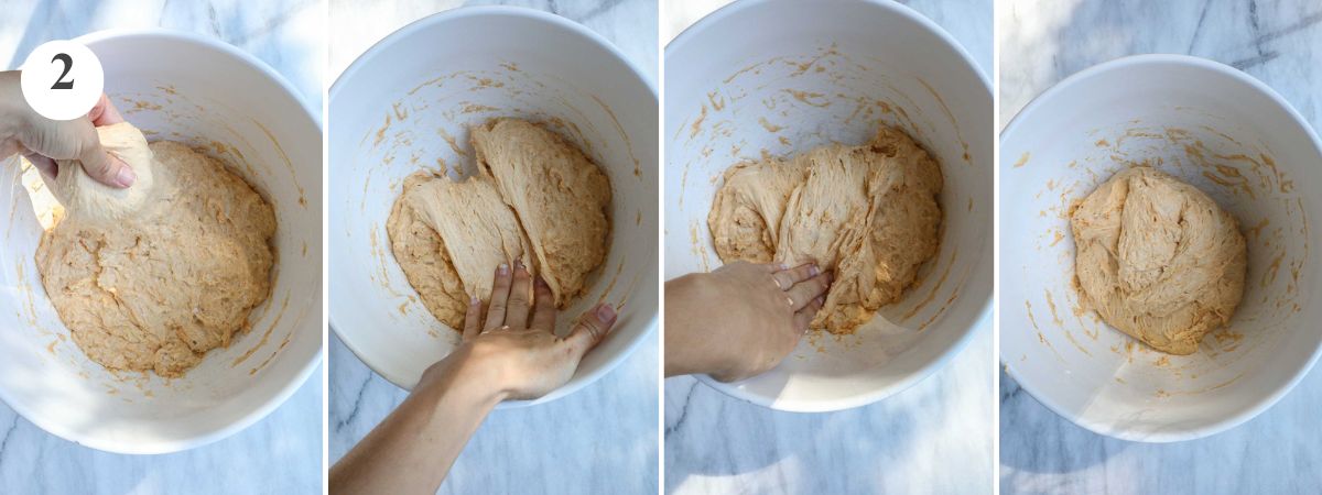 Four steps in the first set of stretch and folds showing picking up, lifting, stretching, and folding the dough.