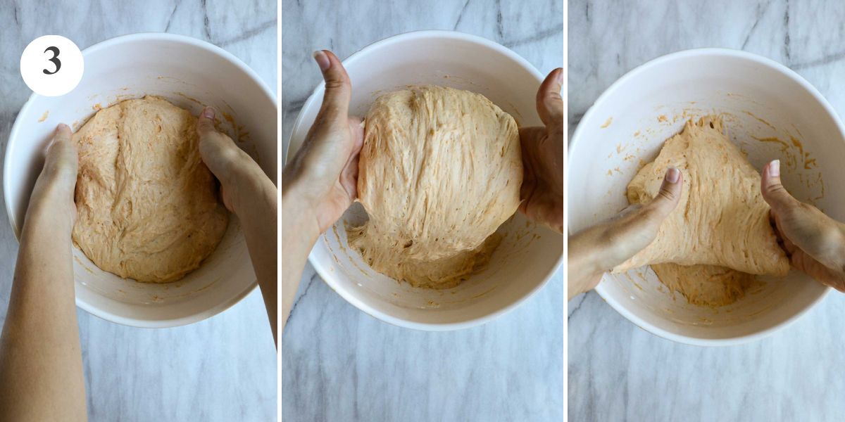 Three steps in the first set of coil folds showing picking up the dough, stretching it, and folding it over itself.