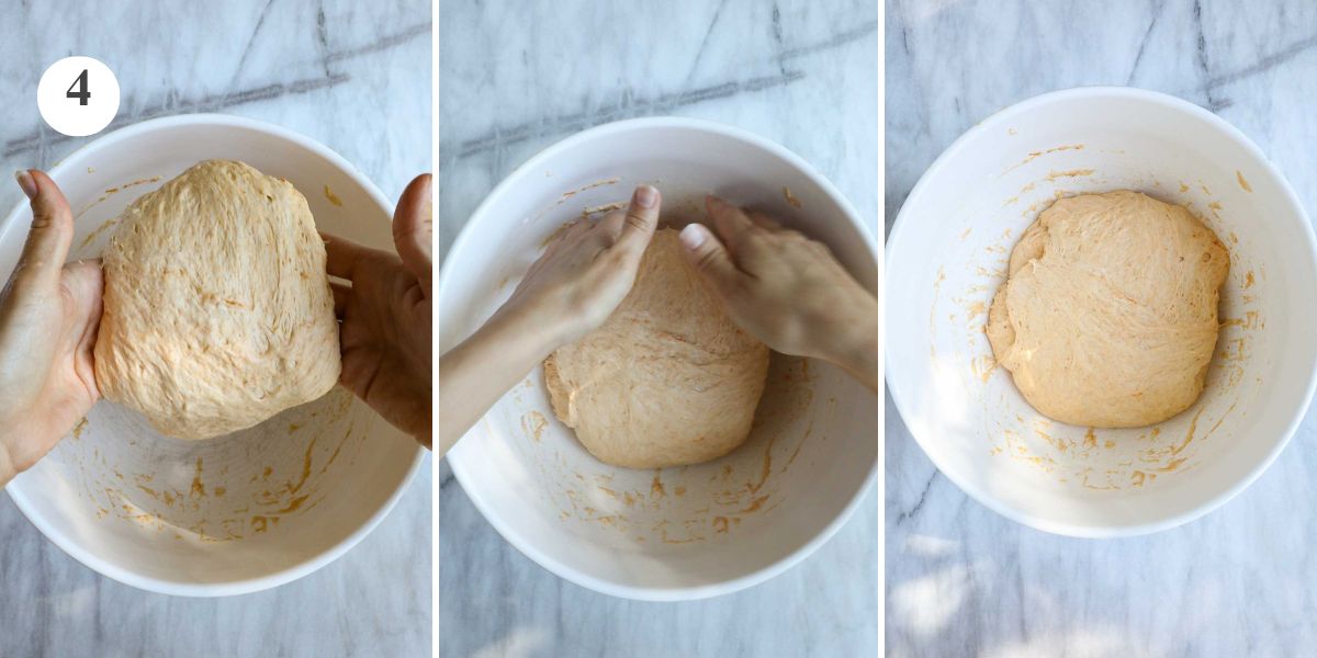 Three steps in the second and last set of stretch and folds showing picking up, stretching, and folding the dough over itself.