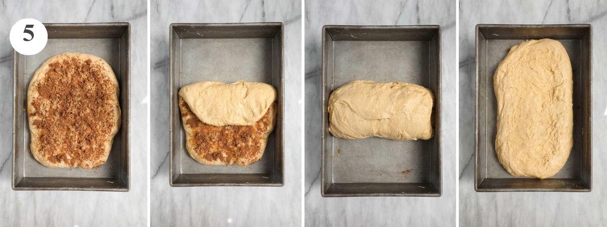 Four steps in stretching the dough in the 9x13 baking dish, topping with cinnamon and sugar and completing a letter fold.