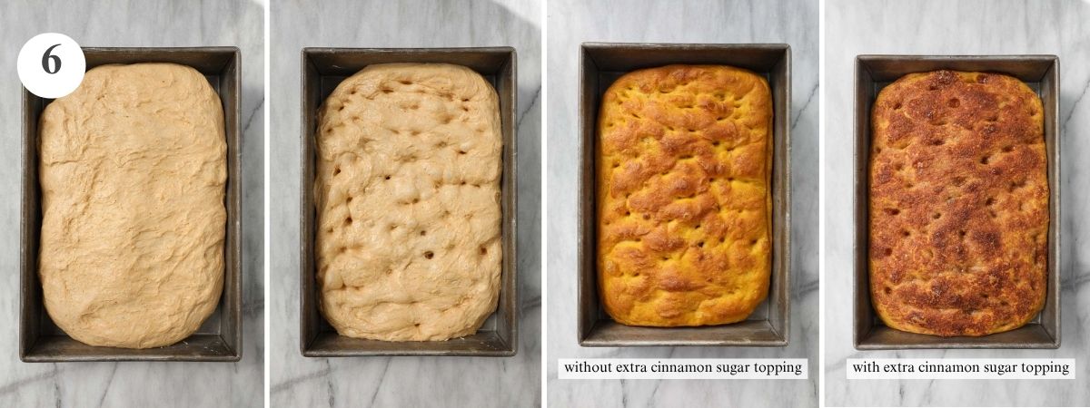 The fully risen sweet pumpkin focaccia, the focaccia after being dimpled, and after being baked both with and without cinnamon sugar topping.