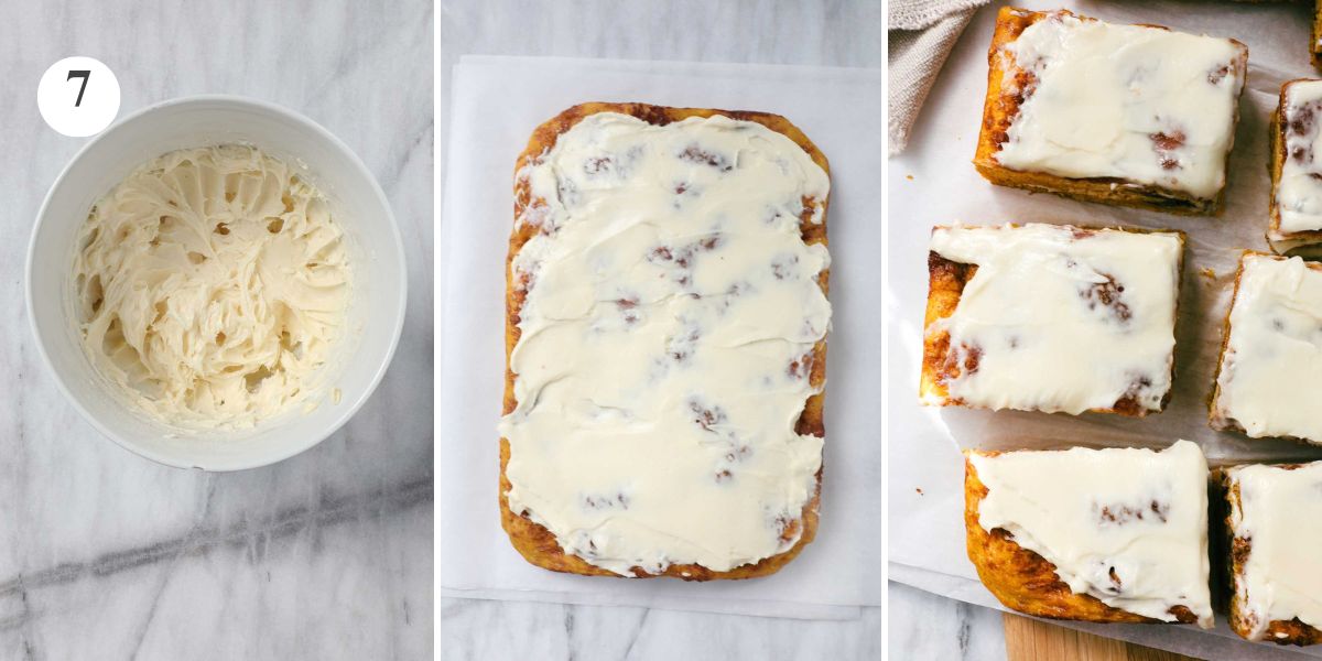 A bowl of cream cheese frosting, the focaccia topped with cream cheese frosting, and the focaccia cut into large squares.