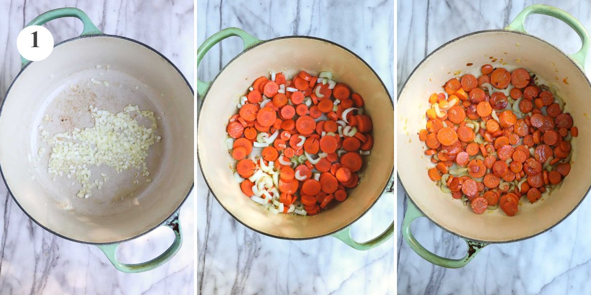 A Dutch oven with onion, and with onion, carrots and celery before and after being cooked slowly for 20 minutes.