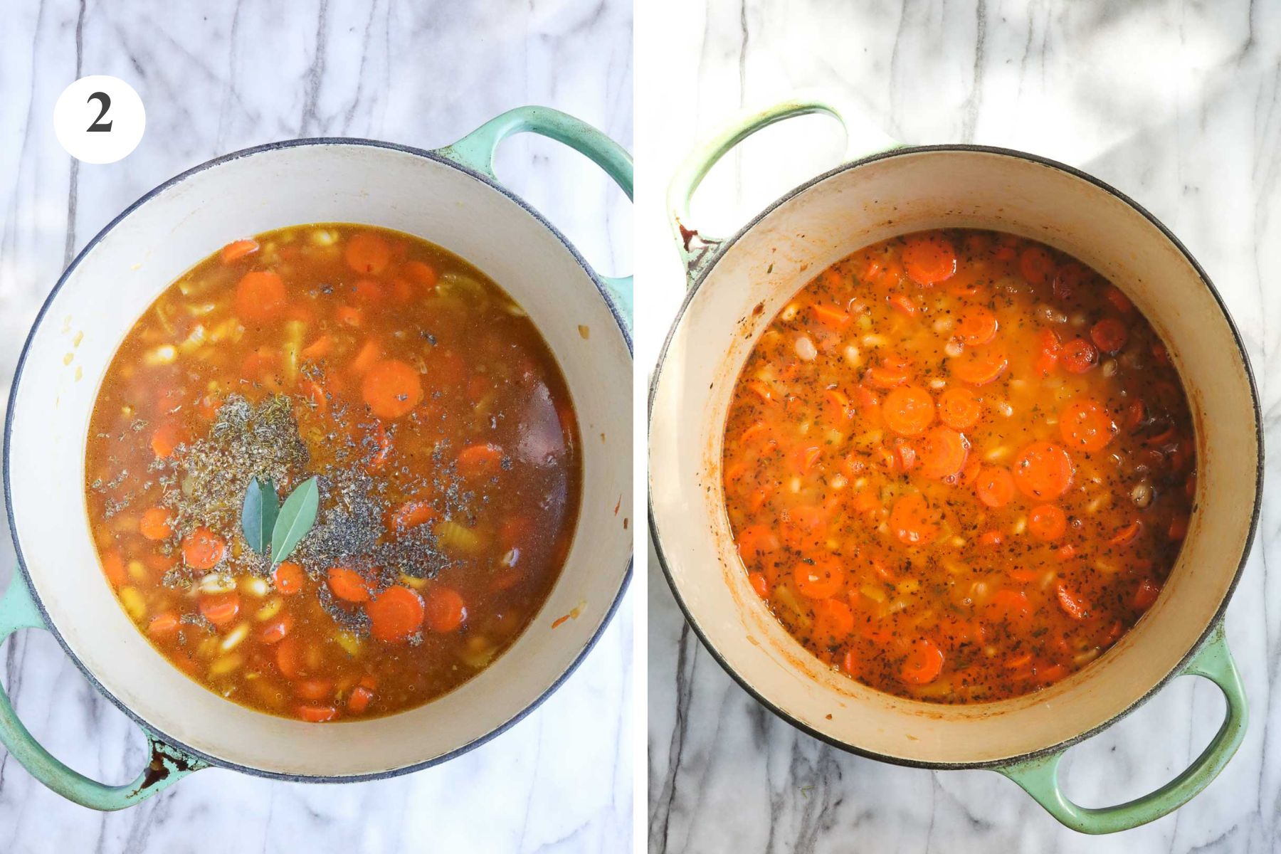 The soup before and after simmering for 15 minutes in a Dutch oven.