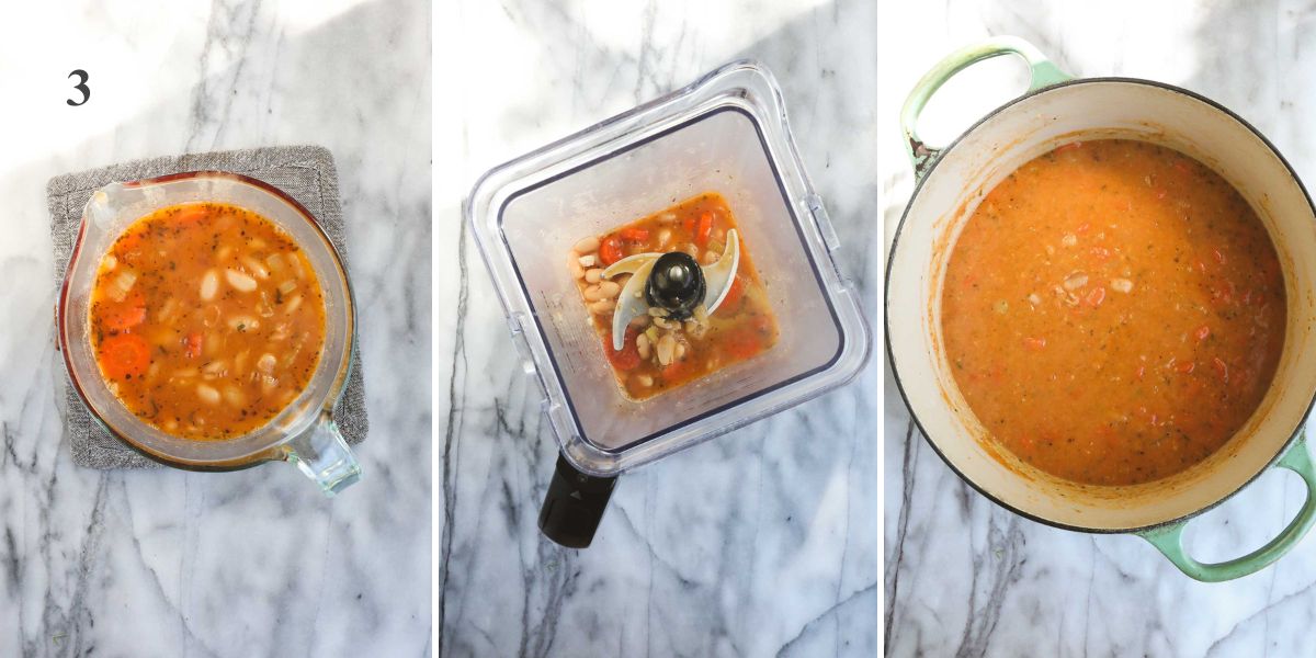 A portion of the soup being removed, blended and returned to the soup to create a creamy base.