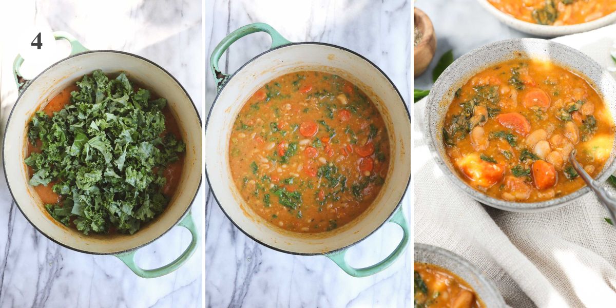 Adding the kale to the Tuscan White Bean Soup and the finished soup in a bowl.