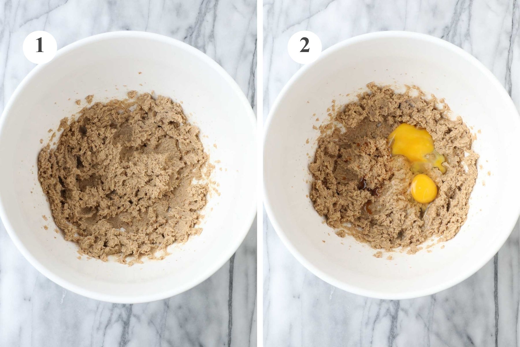 A large mixing bowl with butter, brown sugar and granulated sugar creamed together and the bowl with eggs and vanilla added.