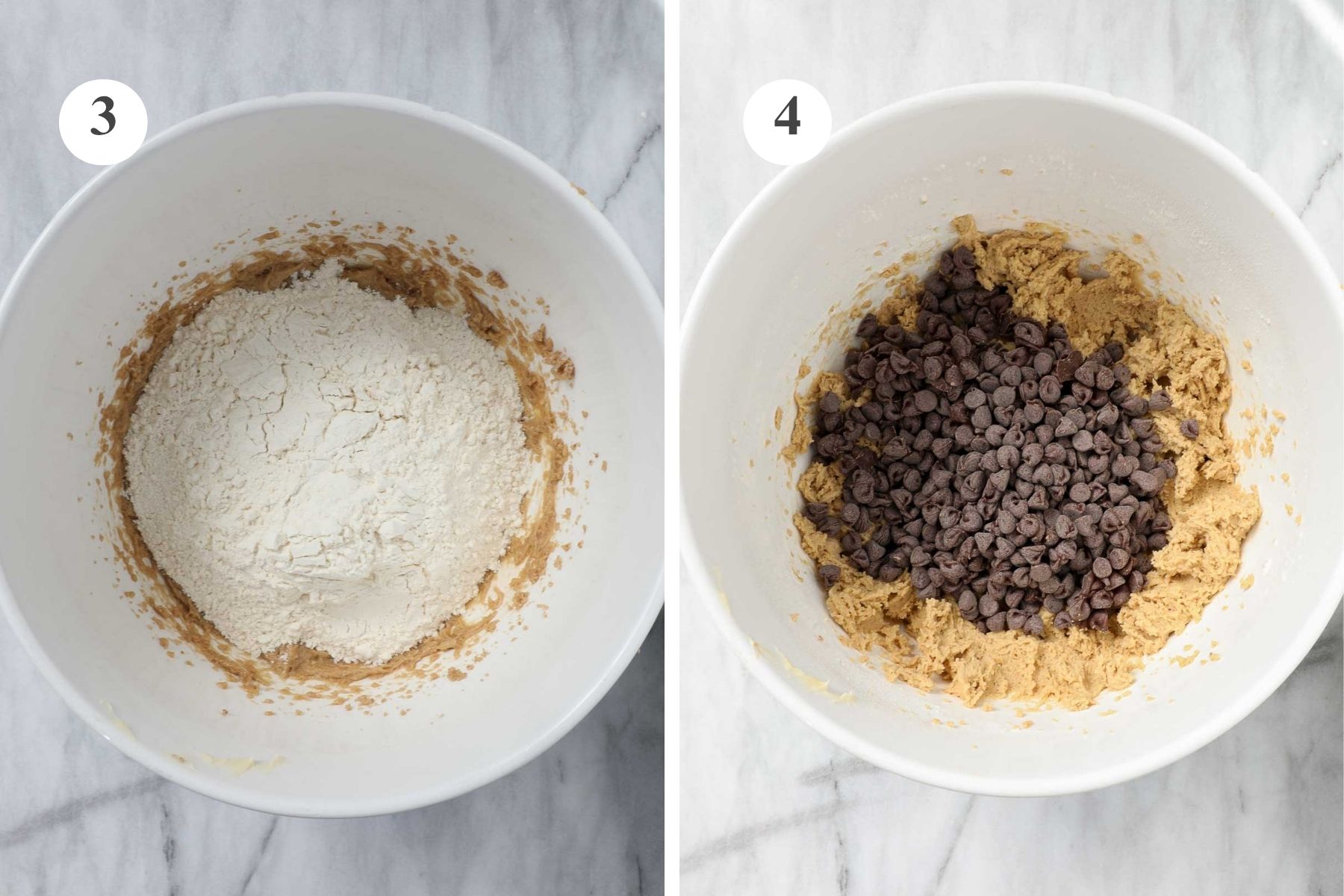 The bowl with the rest of the dry ingredients added and the bowl with the semi-sweet chocolate chips added.
