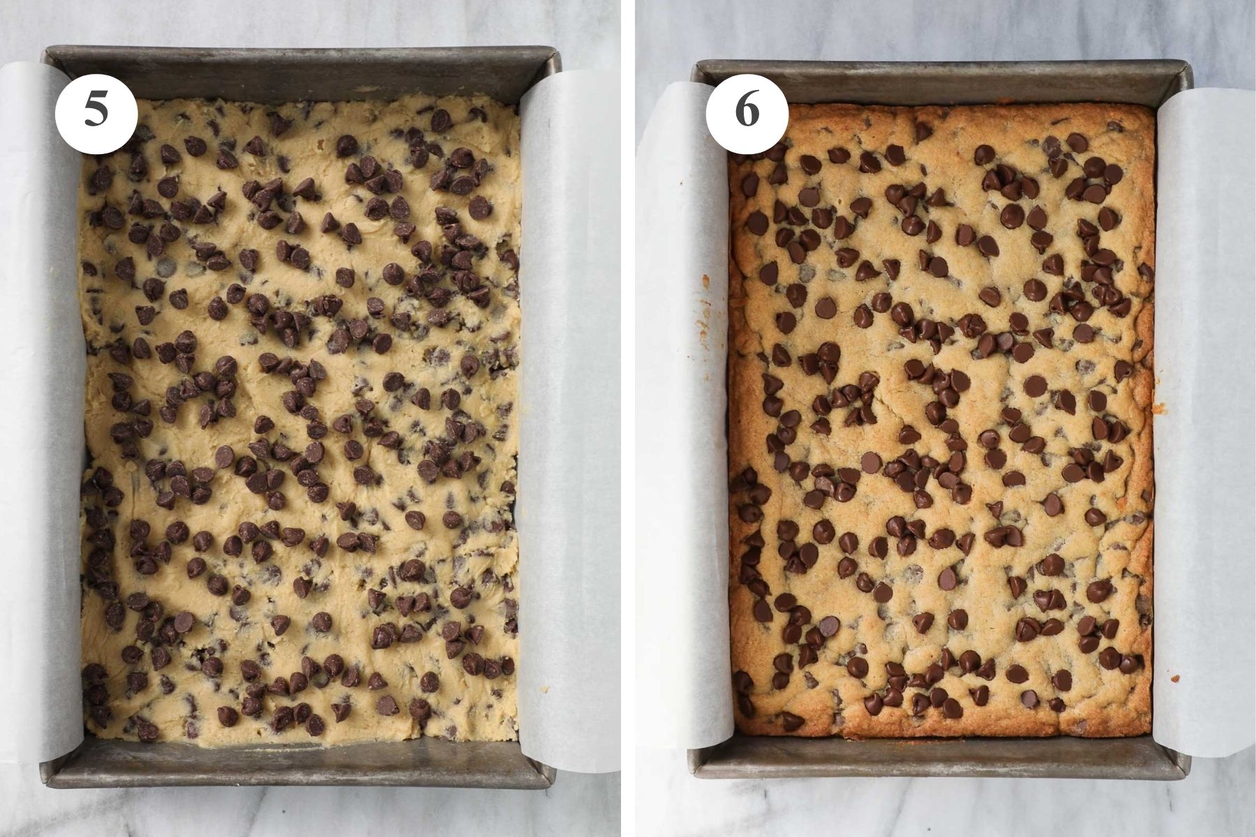 The chocolate chip cookie bar dough pressed into a 9x13 baking dish topped with additional chocolate chips before and after being baked.