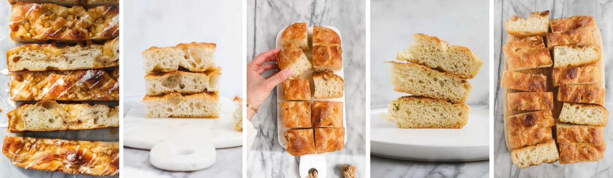 A collage of different types of focaccia including 9x12, cast iron pan, loaf pan, apple cinnamon focaccia, and sheet pan focaccia.