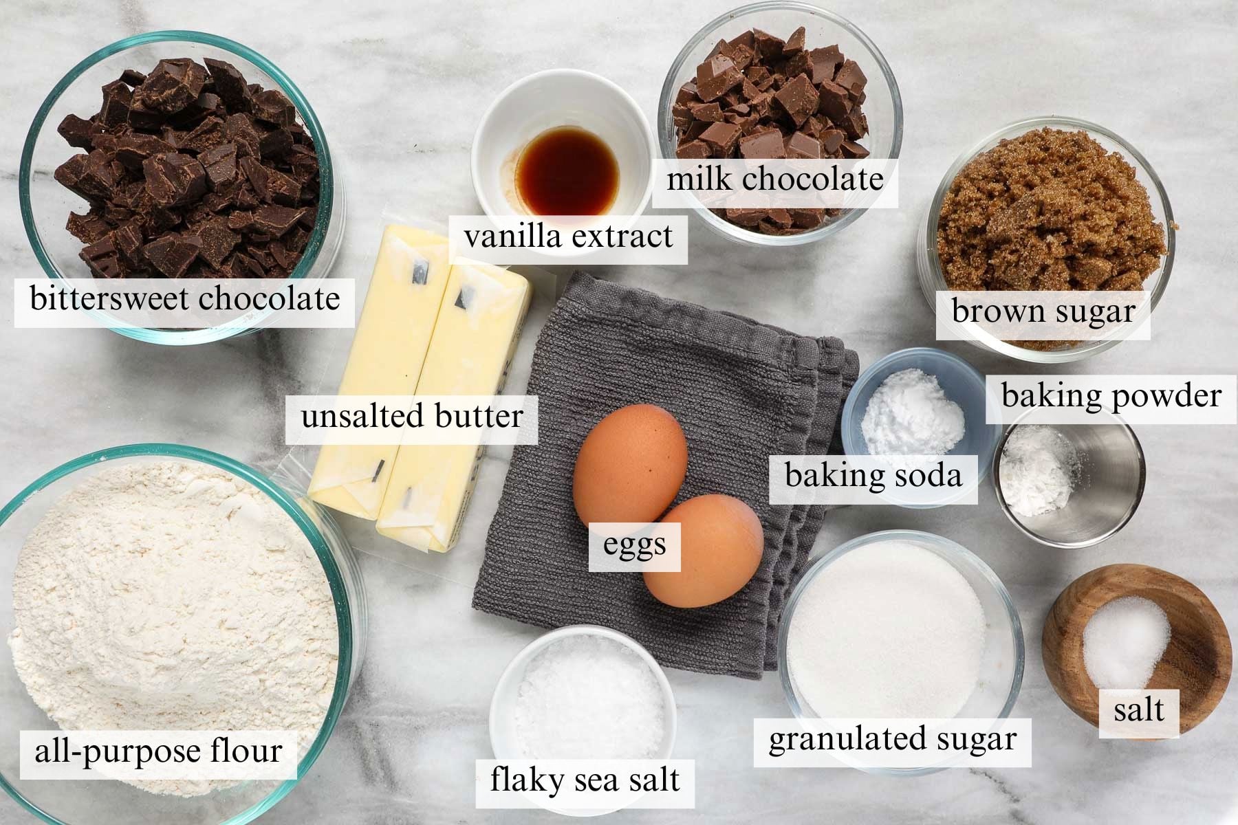 The ingredients for how to make chocolate chip cookies.