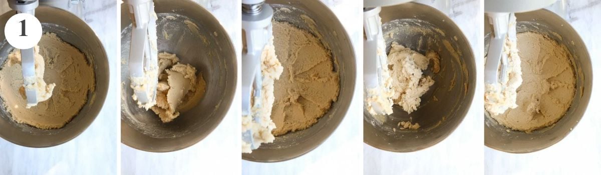 Five steps in the process of creaming butter and sugar including scraping down the butter and showing the change in texture and color of the combined butter and sugar.