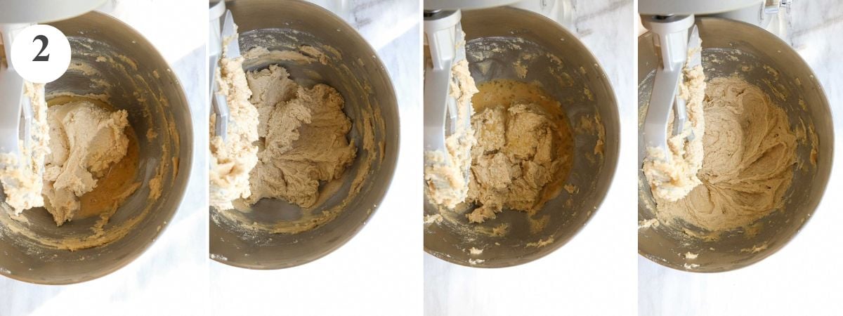 Four steps in the process of adding eggs and vanilla to the cookies dough.