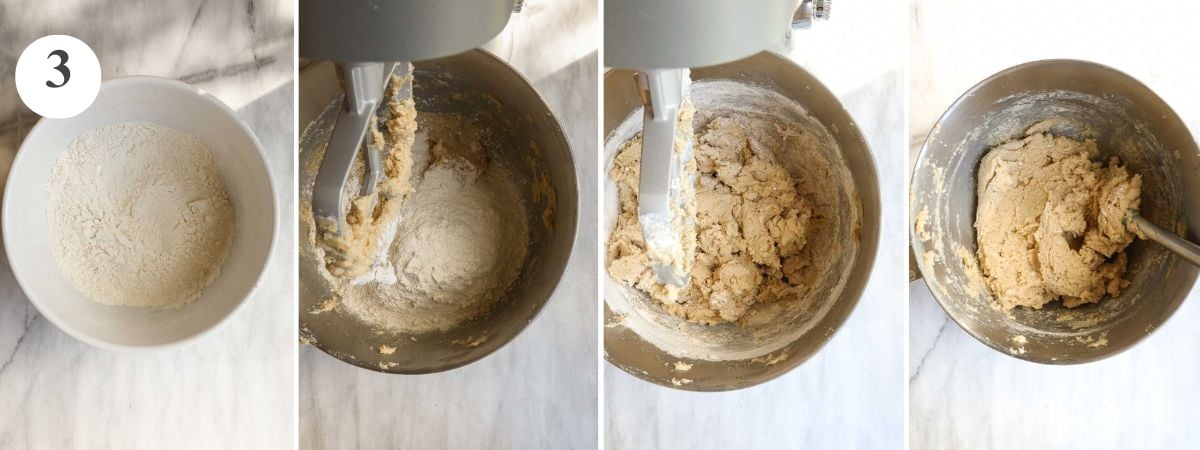 Four steps in the process of adding the dry ingredients to the cookie dough.